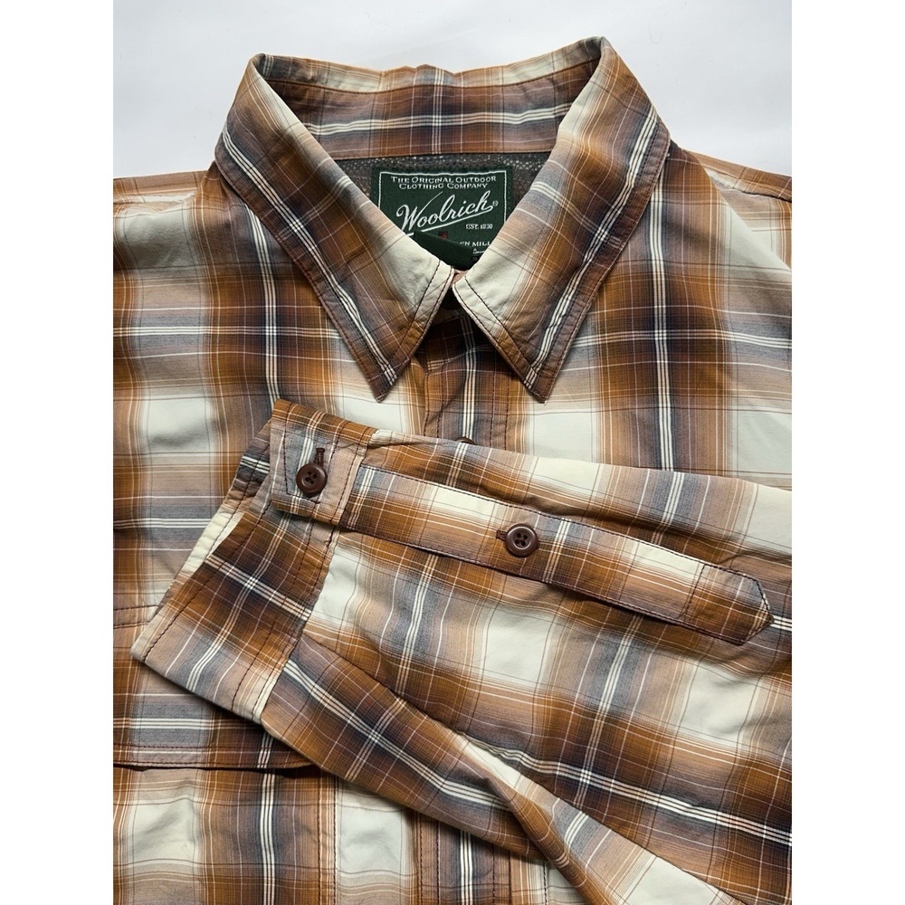 Woolrich Men's L Outdoor Plaid Button Up Long Sleeve Fishing Hiking Brown Retro